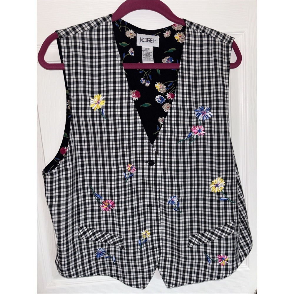 Reversible Vest Size 12 Floral Embroidered Cottage Grandma Black White Koret